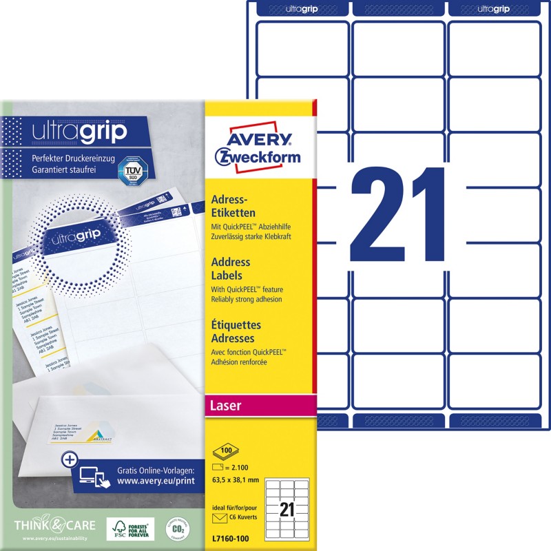 AVERY Zweckform Abziehhilfe QuickPEEL, ultragrip Adressetiketten L7160-100 Ja DIN A4 Weiß 63,5 x 38,1 mm 100 Blatt à 21 ...