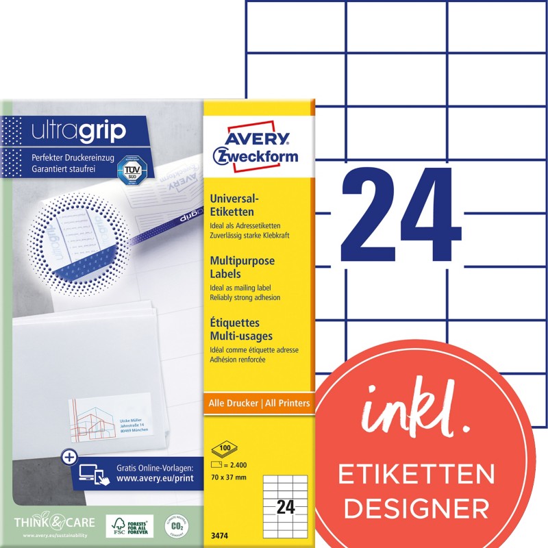 AVERY Zweckform ultragrip Universaletiketten 3474 Selbsthaftend DIN A4 Weiß 70 x 37 mm 100 Blatt à 24 Etiketten