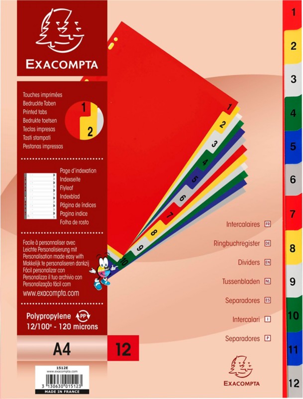 Exacompta Polypropylene A4 Index 1-12 Coloured Tabs