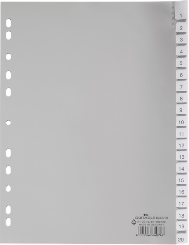 DURABLE 1 bis 20 Register DIN A4 Grau 20-teilig PP (Polypropylen) 11 Löcher 6443