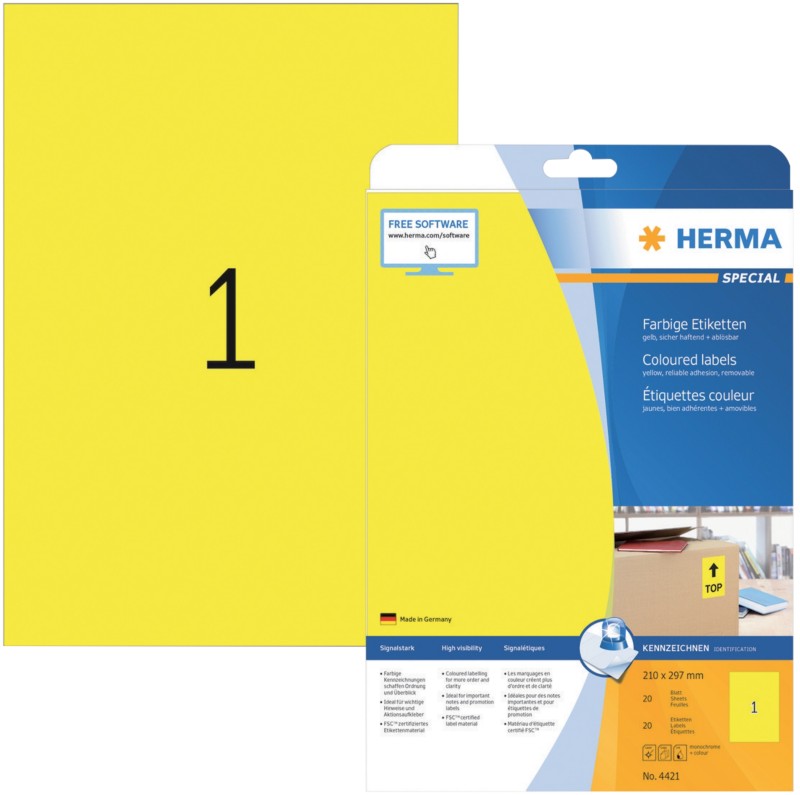 Thumbnail - HERMA 4421 Multifunktionsetiketten SuperPrint Gelb DIN A4 210 x 297 mm Rechteckig 25 Etiketten pro Packung