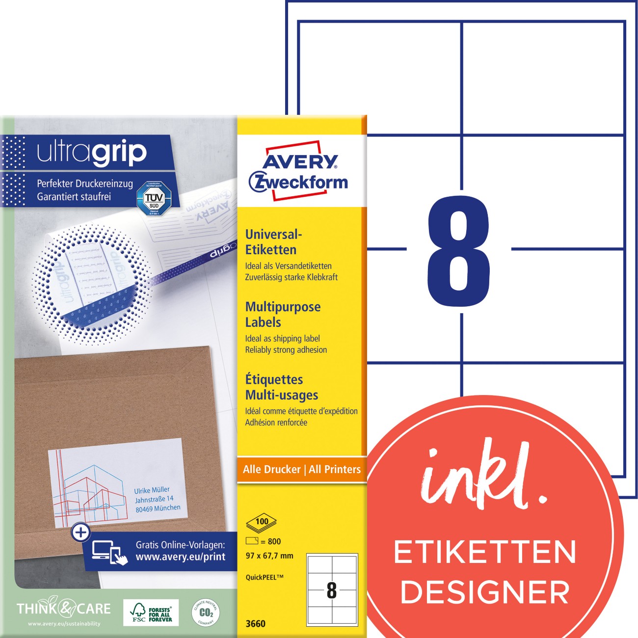 AVERY Zweckform Abziehhilfe QuickPEEL,ultragrip Universaletiketten 3660 Selbsthaftend DIN A4 Weiß 97 x 67,7 mm 100 Blatt à 8 Etiketten
