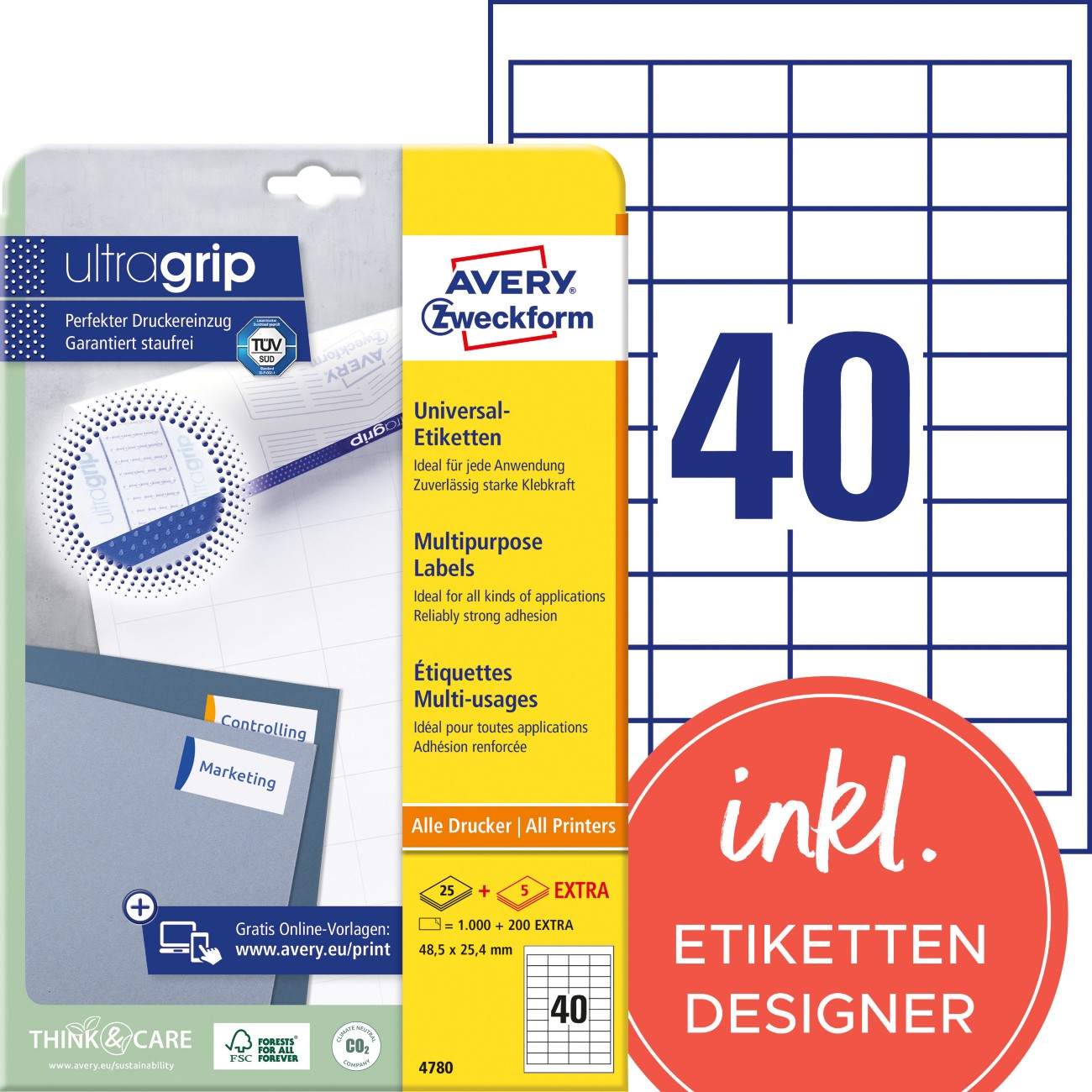 AVERY Zweckform Universaletiketten 4780 Ultragrip Weiß DIN A4 48,5 x 25,4 mm 30 Blatt à 40 Etiketten