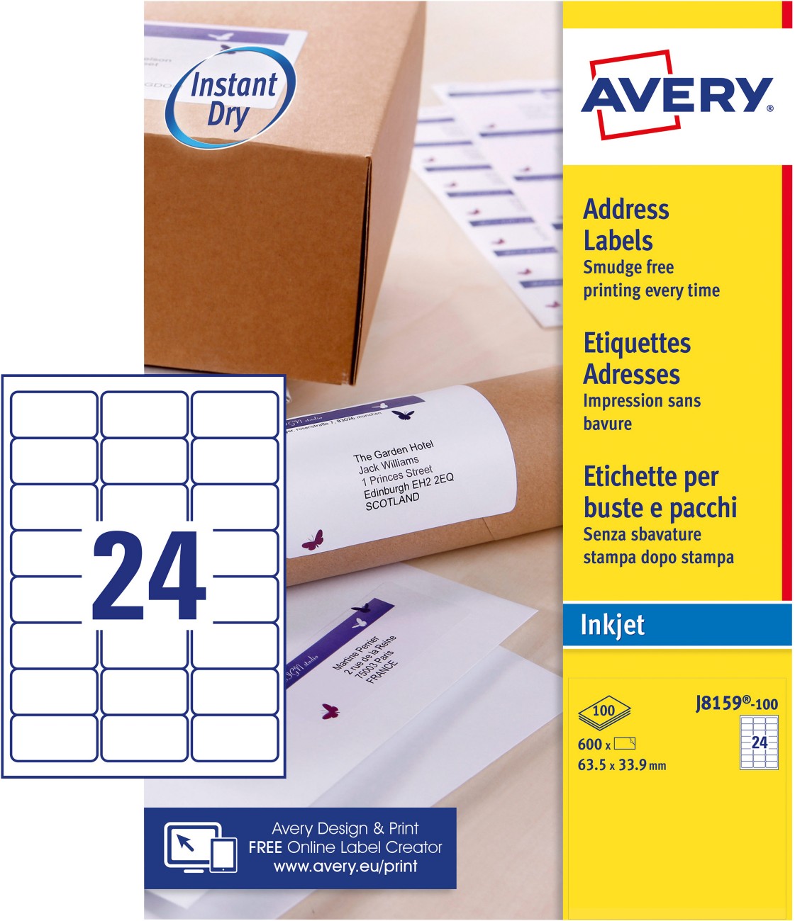 Avery Address Labels J8159-100 Adhesive A4 White 63.5 X 33.9 Mm 100 Sheets Of 24 Labels