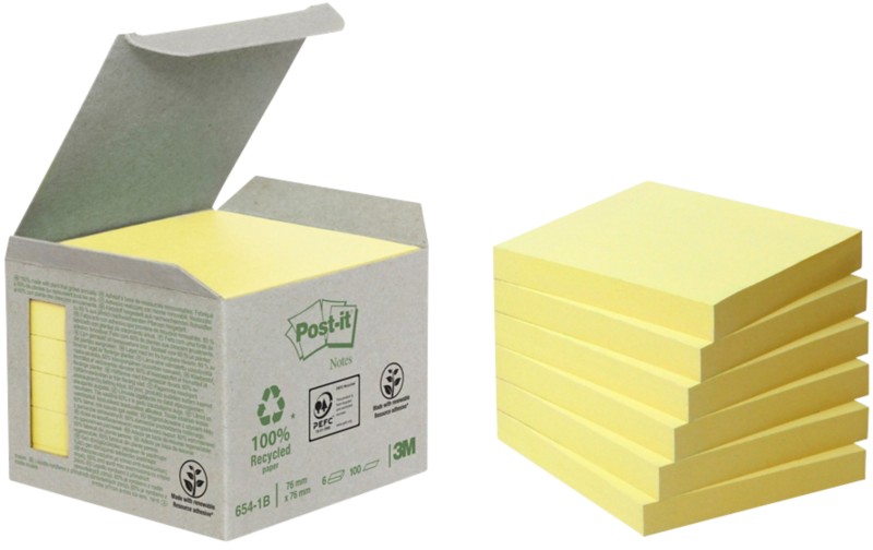 Post-it Recycling Haftnotizen 76 x 76 mm Gelb 6 Stück à 100 Blatt