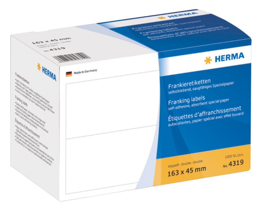 Thumbnail - HERMA Frankieretiketten 4319 Weiß 163 x 45 mm 500 Blatt à 2 Etiketten