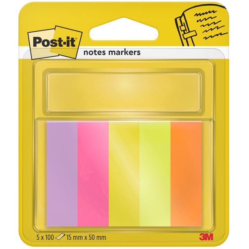 Thumbnail - Post-it Haftmarker Rechteckig 1,5 x 5 cm Farbig sortiert Page Marker 5 Stück à 100 Streifen