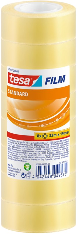 tesa Klebeband tesafilm Standard 57207 Transparent 19 mm (B) x 33 m (L) PP (Polypropylen) 8 Rollen