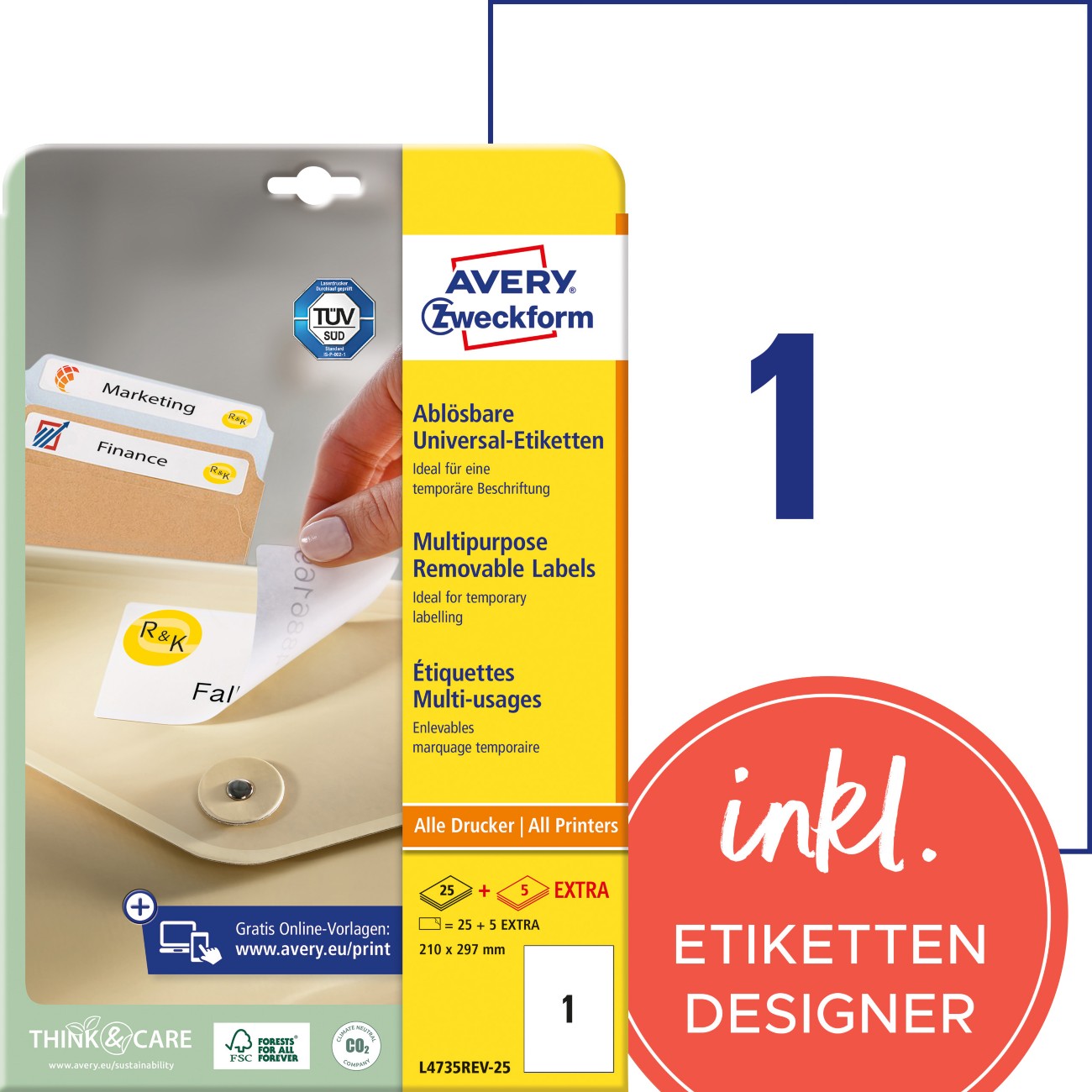 AVERY Zweckform L4735REV-25 Wiederablösbare Etiketten A4 Weiß 210 x 297 mm 30 Blatt à 1 Etiketten