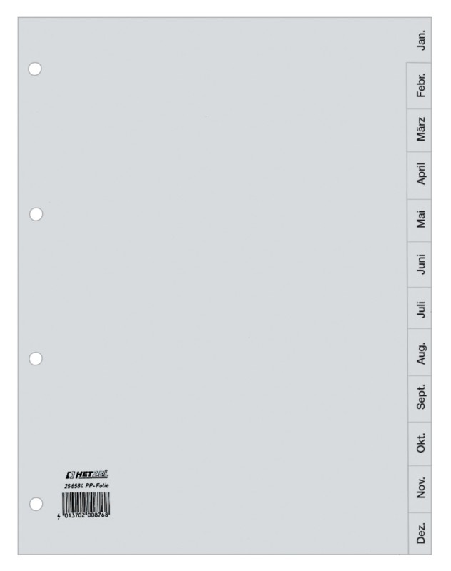 Hetzel Register 25658481 DIN A4 Grau 12-teilig Perforiert Kunststoff Jan - Dez