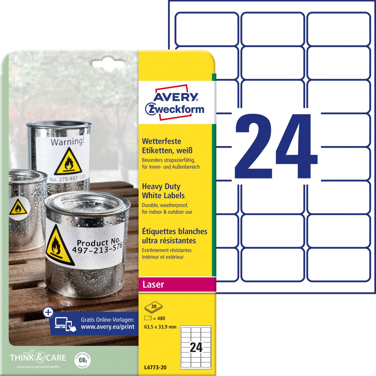 AVERY Zweckform Wasserfeste Etiketten L4773-20 Weiß DIN A4 63,5 x 33,9 mm 20 Blatt à 24 Etiketten