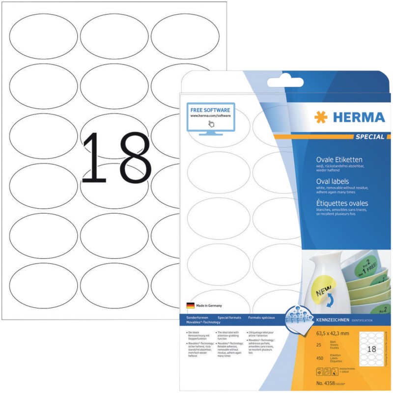 Thumbnail - HERMA Wiederablösbare Etiketten 4358 Weiß Oval 450 Etiketten pro Packung