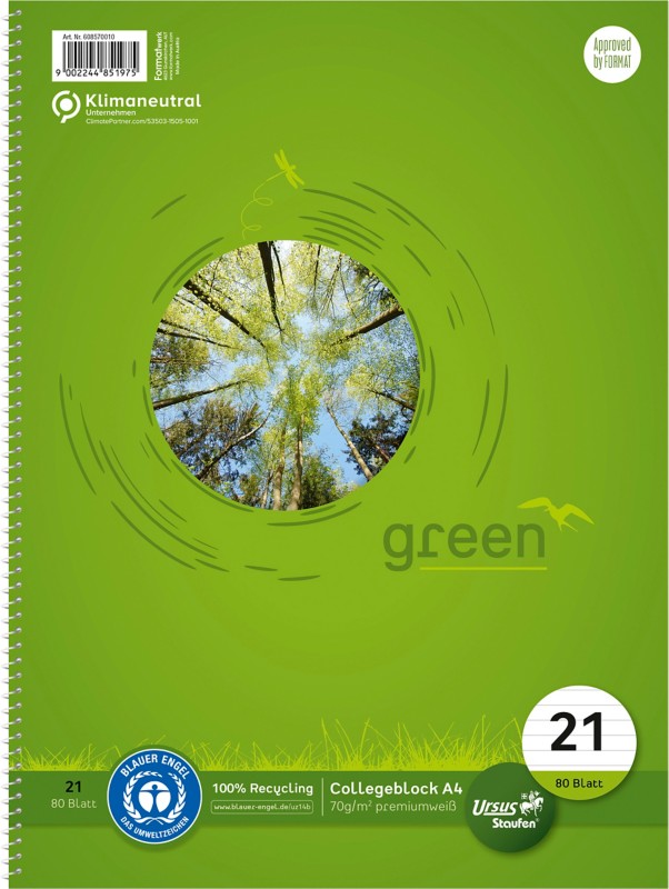 Ursus Green Notebook DIN A4 Liniert Spiralbindung Papier Grün Nicht perforiert Recycled 160 Seiten