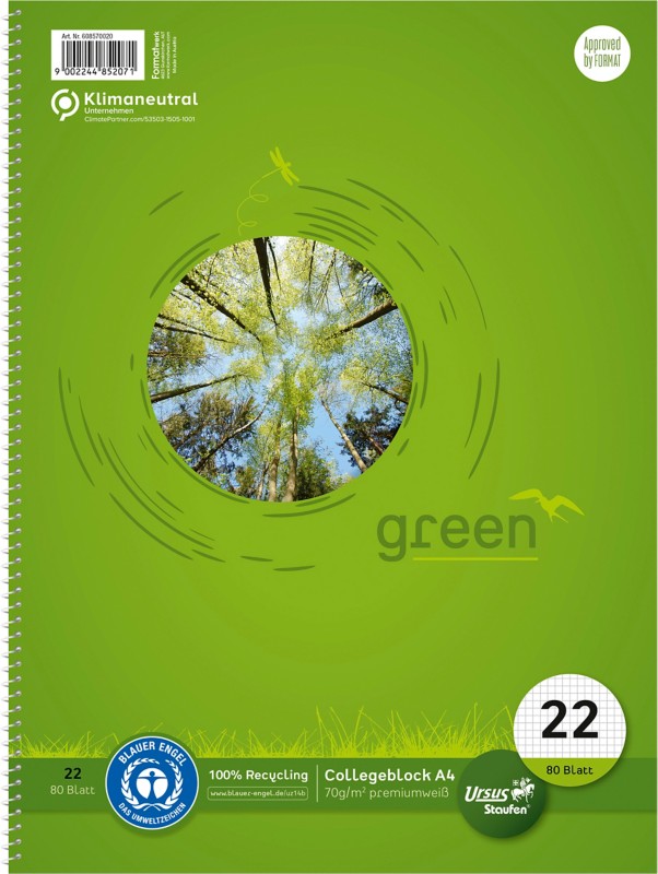 Ursus Green Notebook DIN A4 Kariert Spiralbindung Papier Grün Nicht perforiert Recycled 160 Seiten