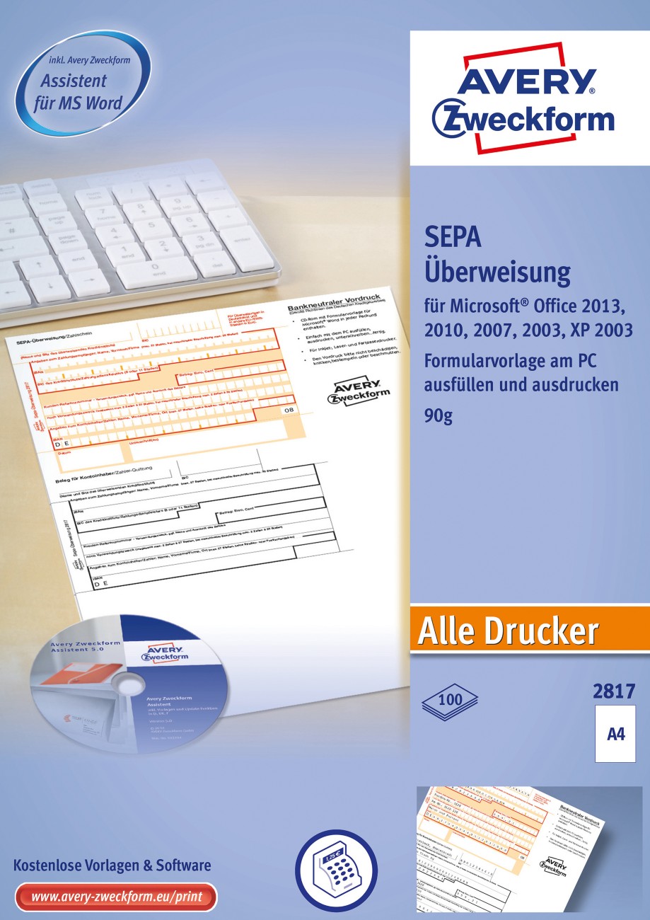 AVERY Zweckform SEPA Standard Zahlungsformular 2817 DIN A4+ 100 Stück à 100 Blatt 4972923