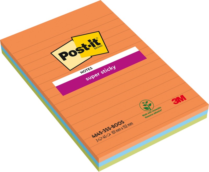 Post-it Boost Haftnotizen 101 x 152 mm Farbig sortiert Rechteckig Liniert 3 Stück à 45 Blatt