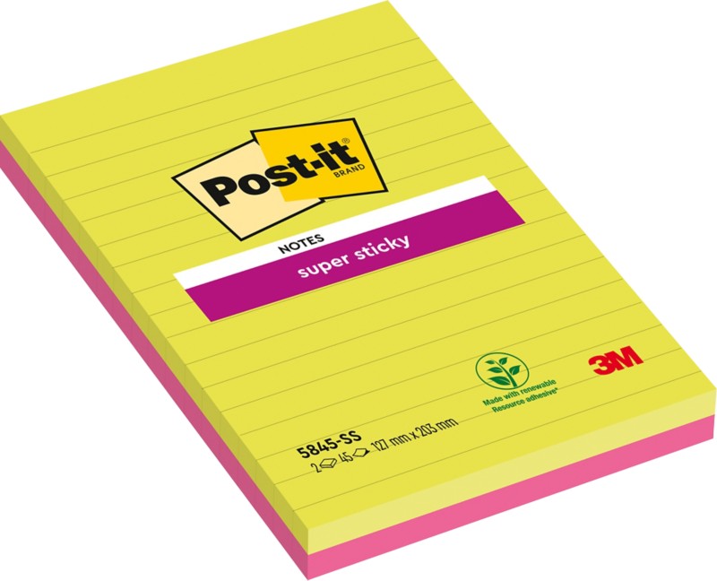 Post-it Haftnotizen 203 x 127 mm Farbig sortiert Rechteckig Liniert 2 Stück à 45 Blatt