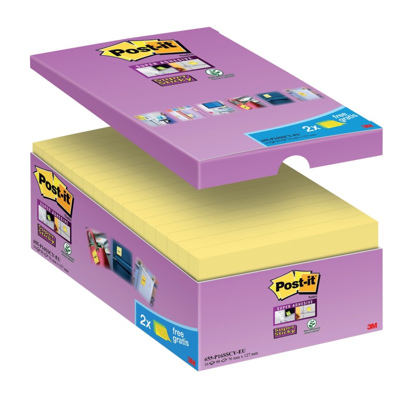 Post It Notes Post-It Super Sticky Canary - 3M - 76 x 127 mm - pack de 14+2 gratuits - paquet 16 blocs