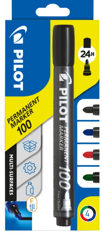 Pilot 100 Permanentmarker Fein Rundspitze 1 mm Farbig sortiert 4 Stück