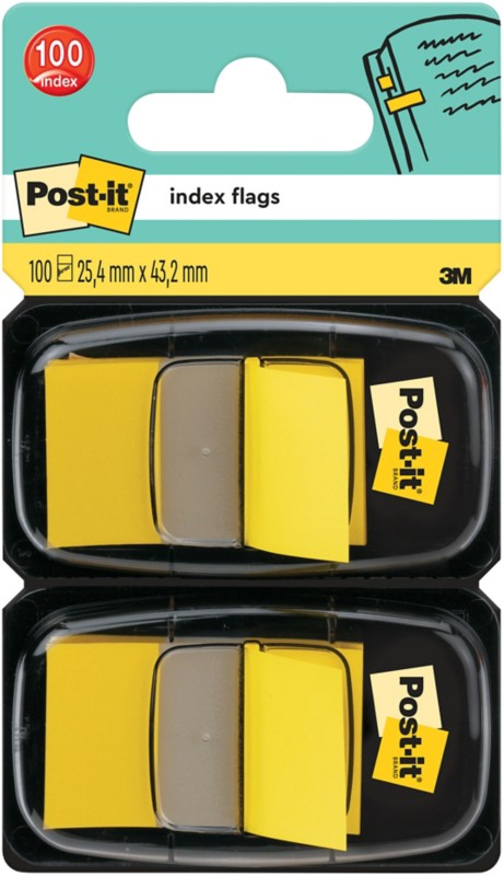 Image of 3M Post-it Index, gelb, schmal, 2 x 50 Haftstreifen Maße: 25,4 x 43,2 mm, im Einwegspender - 2 Stück (680-YW2)