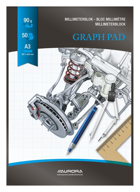 AURORA A3 Schwarzer Papiereinband Graphikblock kariert Milimeter 50 Blatt