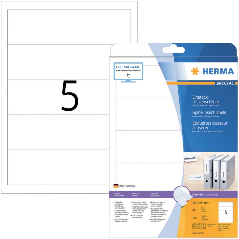Thumbnail - HERMA SPECIAL 5032 Ordneretiketten DIN A4 54 x 190 mm Weiß 25 Blatt à 5 Etiketten
