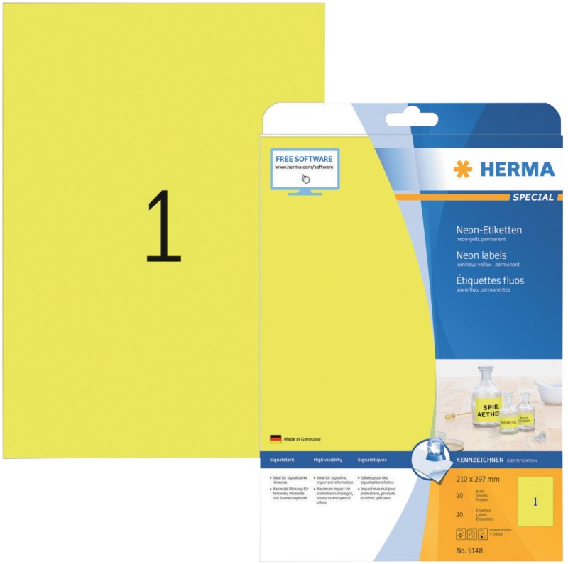 Thumbnail - HERMA Farbige Etiketten 5148 Neongelb Rechteckig 20 Etiketten pro Packung