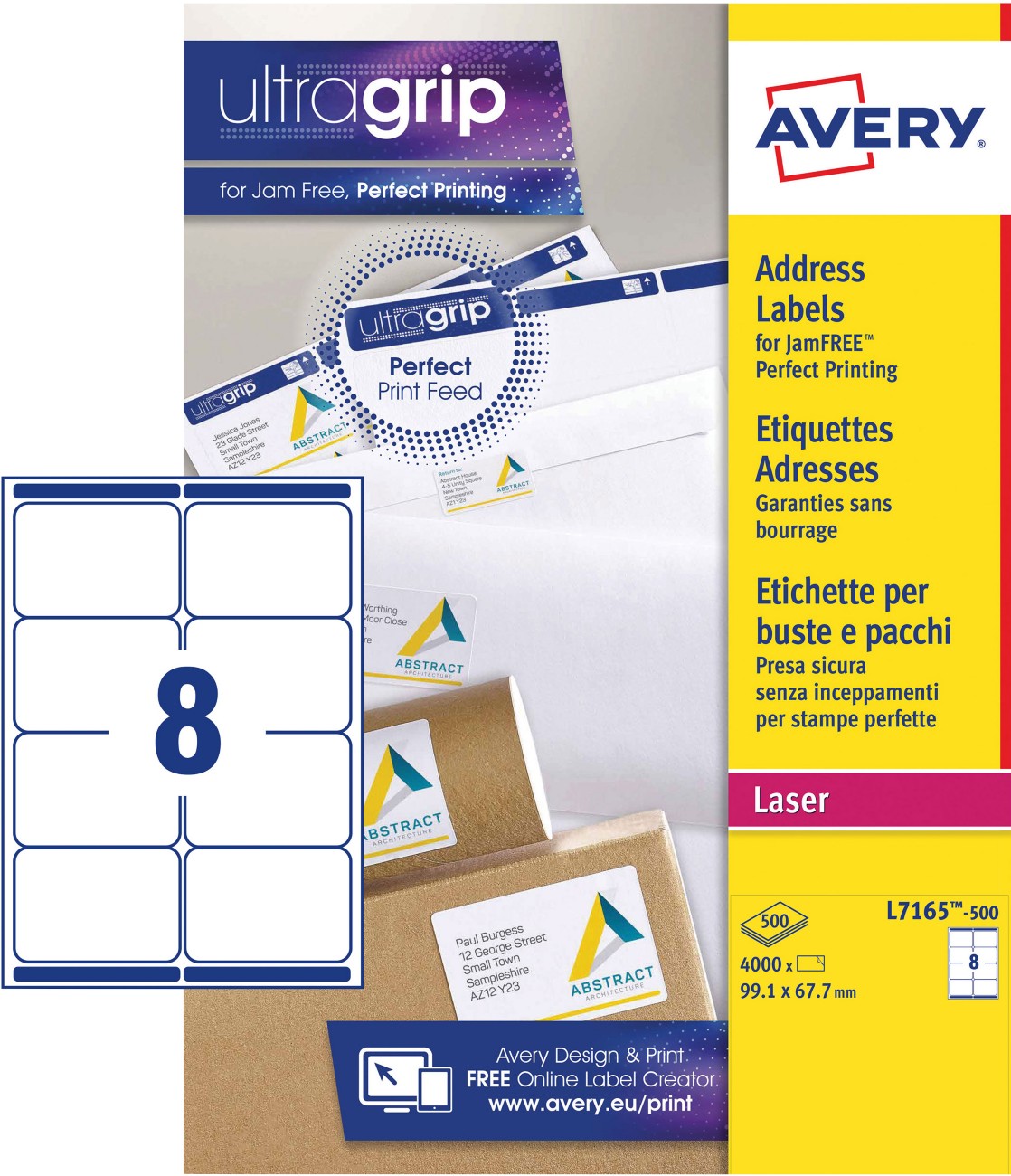 Avery Ultragrip Shipping Labels L7165-500 Adhesive A4 White 99.1 X 67.7 Mm 500 Sheets Of 8 Labels