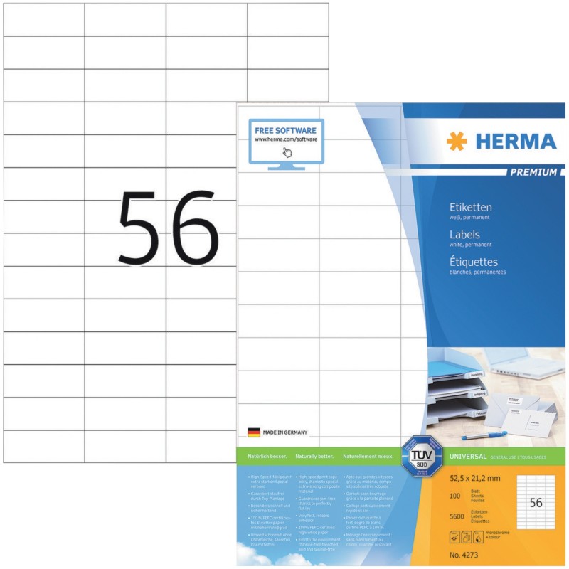 Thumbnail - HERMA Universaletiketten 4273 Weiß DIN A4 52,5 x 21,2 mm 100 Blatt à 56 Etiketten