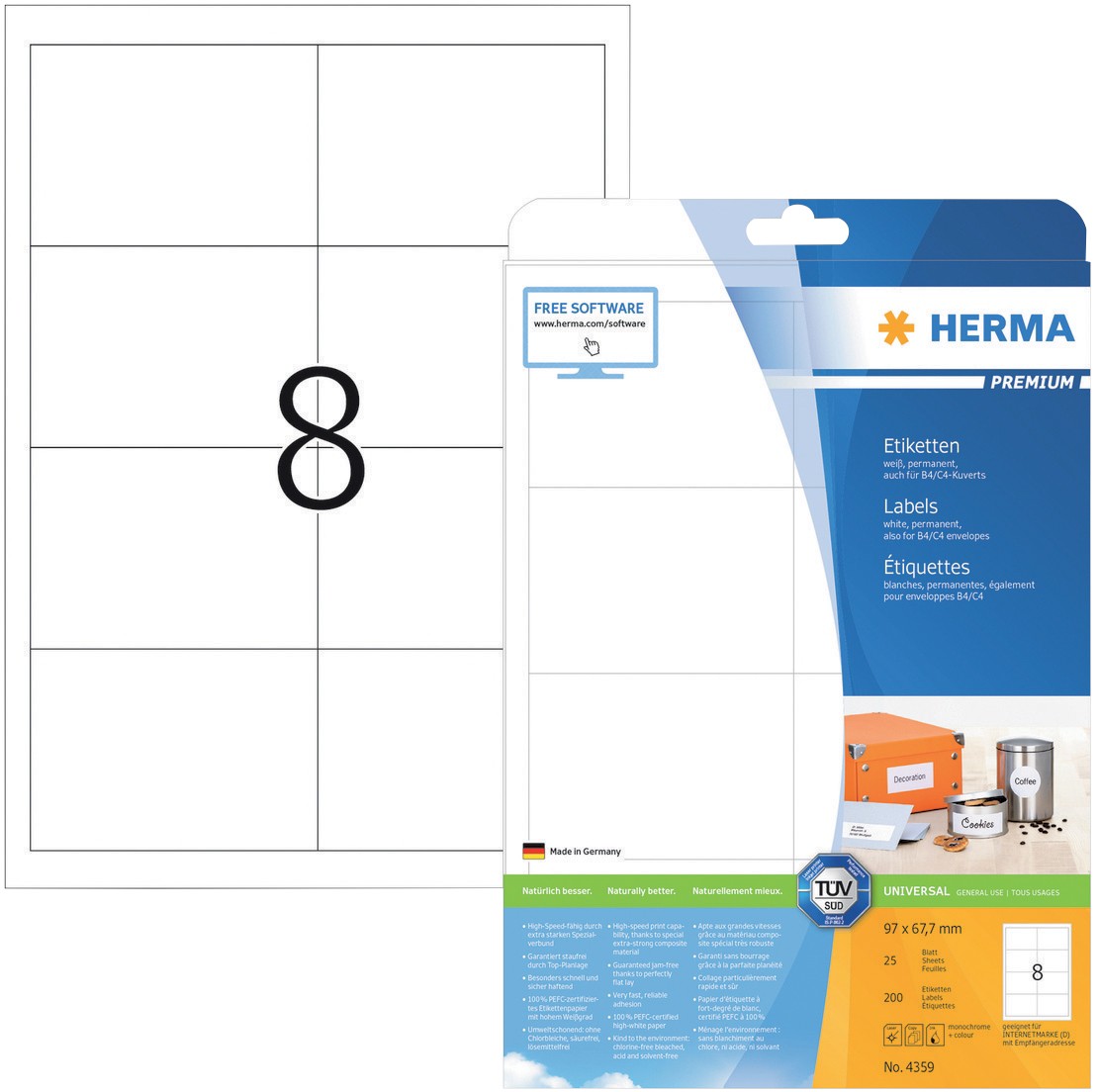 HERMA Universaletiketten 4359 Weiß DIN A4 97 x 67,7 mm 25 Blatt à 8 Etiketten 5397372