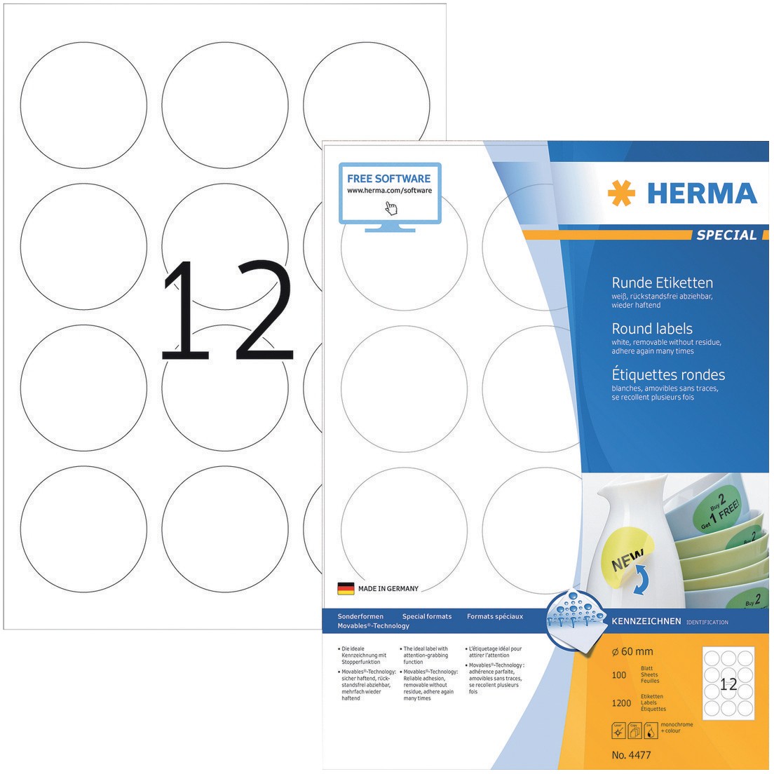 HERMA Wiederablösbare Etiketten 4477 Weiß Rund 1200 Etiketten pro Packung