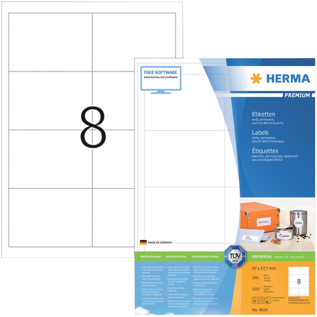 HERMA Universaletiketten 4624 Weiß DIN A4 97 x 67,7 mm 200 Blatt à 8 Etiketten 5397435