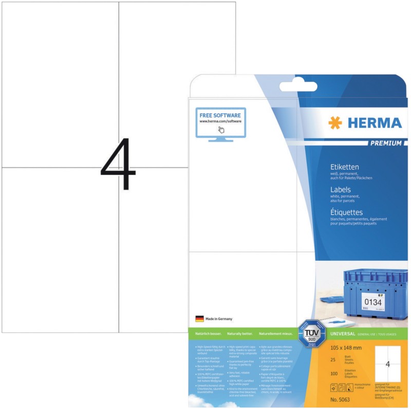 Thumbnail - HERMA Adressetiketten 5063 Weiß DIN A4 105 x 148 mm 25 Blatt à 4 Etiketten