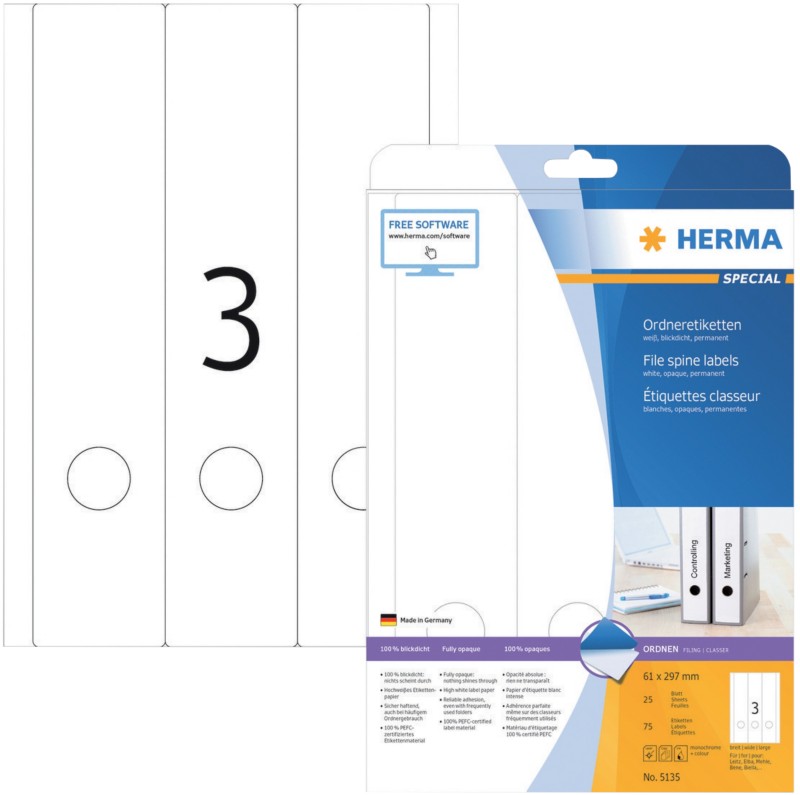 Thumbnail - HERMA 5135 Ordneretiketten A4 61 mm Weiß 75 Stück