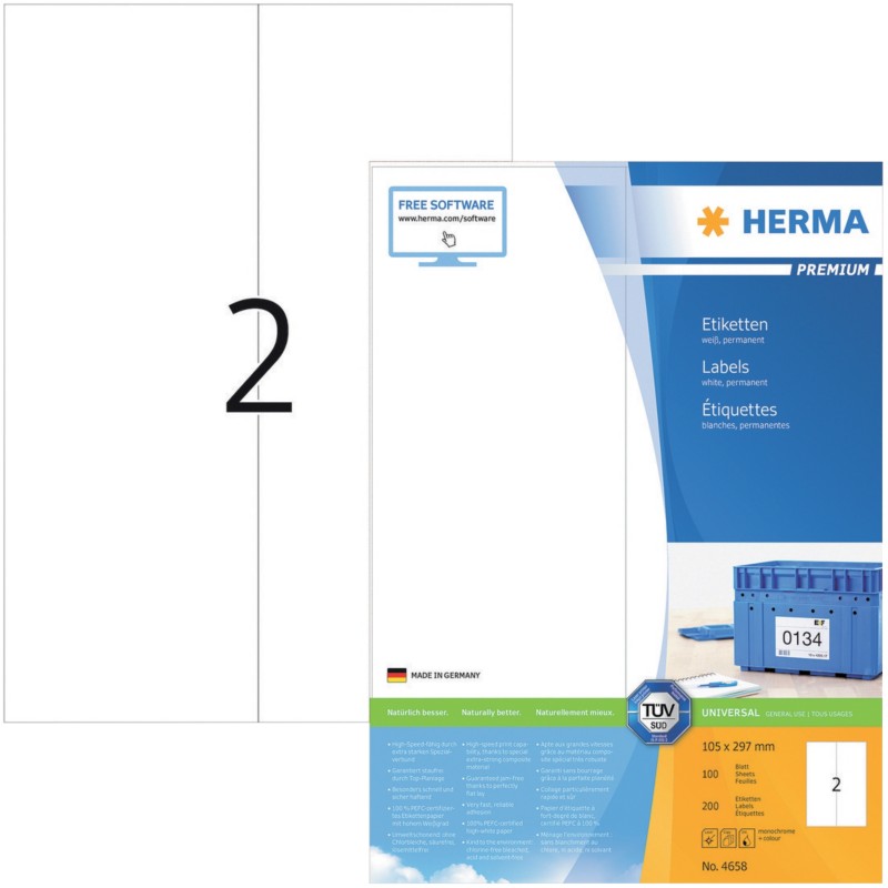 HERMA Universaletiketten 4658 Weiß DIN A4 105 x 297 mm 100 Blatt à 2 Etiketten