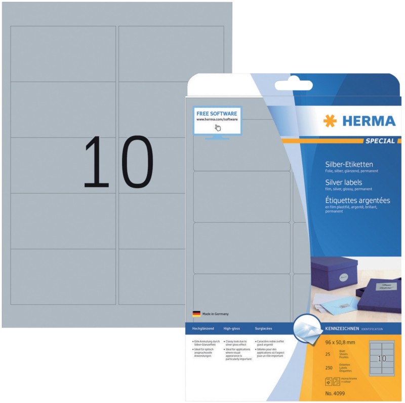 HERMA Silberne Etiketten 4099 Rechteckig 250 Etiketten pro Packung