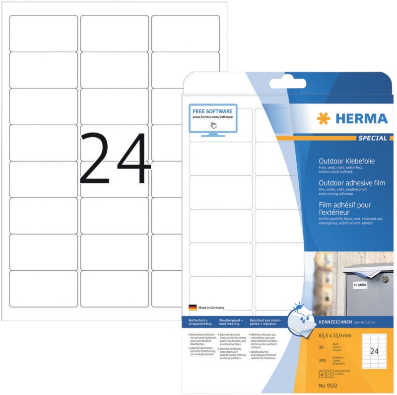 Thumbnail - HERMA Outdoor Klebefolie 9532 Weiß DIN A4 63,5 x 33,9 mm 10 Blatt à 24 Etiketten