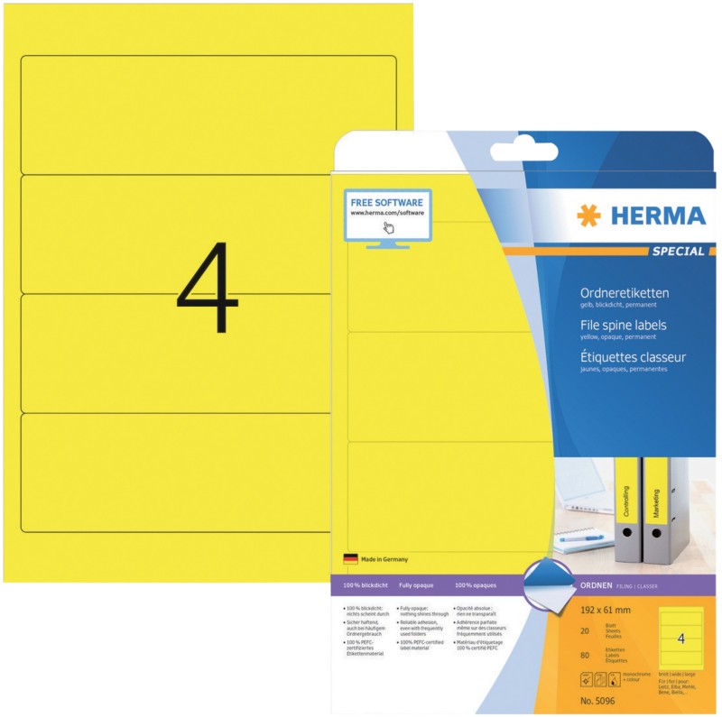 Thumbnail - HERMA Ordneretiketten 5096 Gelb DIN A4 192 x 61 mm 20 Blatt à 4 Etiketten