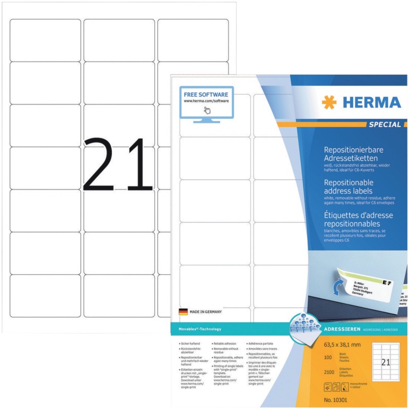 HERMA Wiederablösbare Etiketten 10301 Weiß DIN A4 63,5 x 38,1 mm 100 Blatt à 21 Etiketten