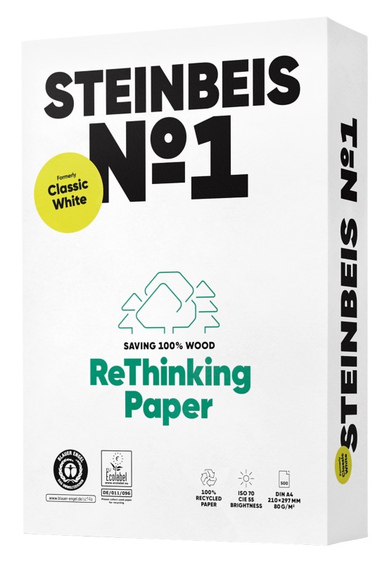 Steinbeis Classic No.1 DIN A4 Druckerpapier 100% Recycelt 80 g/m² Glatt Weiß 500 Blatt