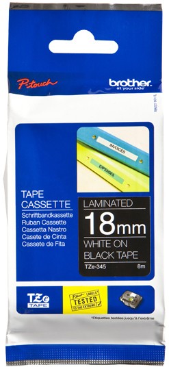 Image of Brother TZe-345 Authentic Schriftband Selbstklebend Weißer Druck auf Schwarz 18 mm x 8m