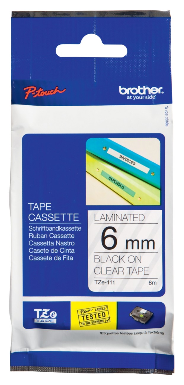 Image of Brother TZe-111 Authentic Schriftband Selbstklebend Schwarzer Druck auf Transparent 6 mm x 8m