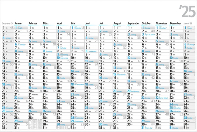 Bühner Jahreskalender B4 2025 1 Jahr pro Seite Hochformat Weiß Deutsch 102 x 68 cm