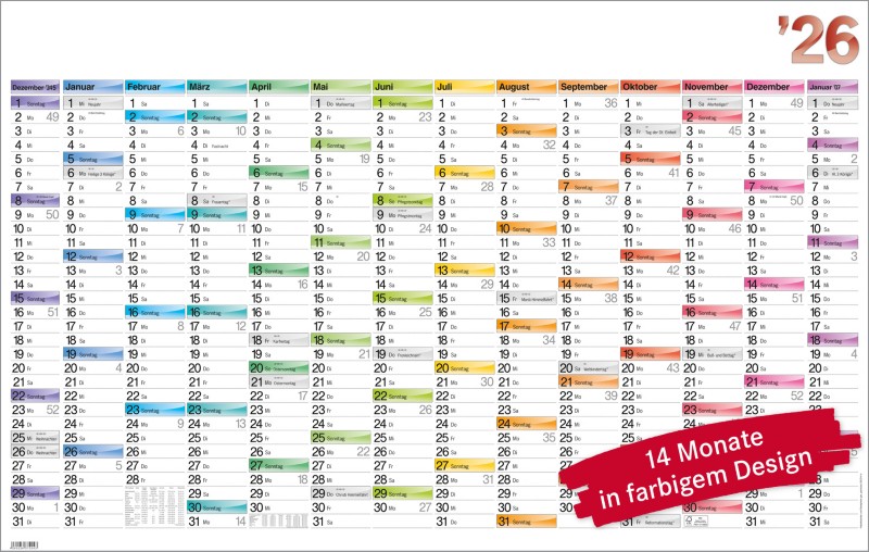 Bühner Jahreskalender B4 2026 Querformat Weiß Deutsch 106,4 x 66,6 cm
