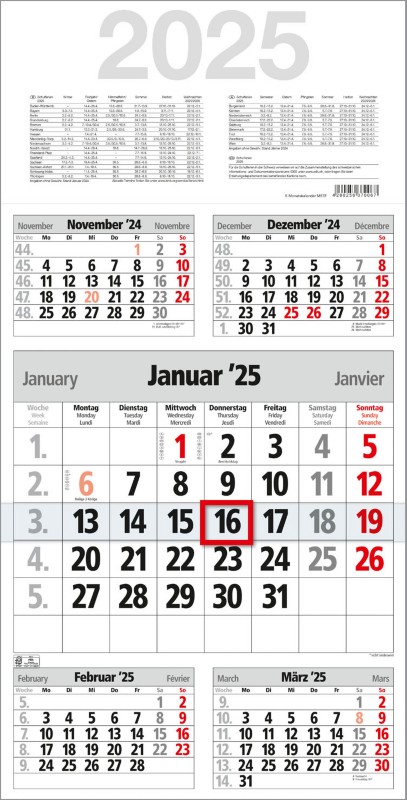Wandkalender "Take Five" 2026 Sonderformat Papier Rot Deutsch, Englisch, Französisch