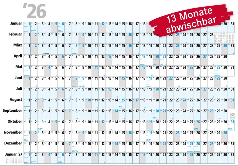 Bühner Jahreskalender B4 2026 Querformat Weiß 98 x 68,5 cm
