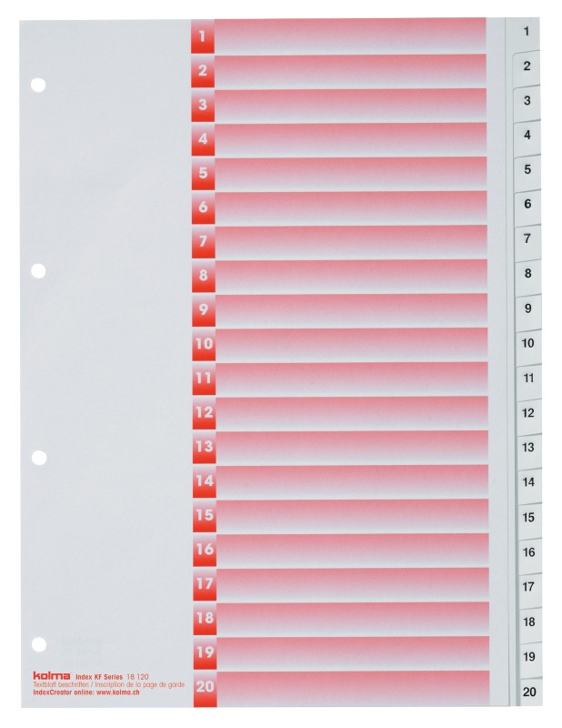 Kolma Register Kolmaflex DIN A4 Weiß 20-teilig Perforiert Kunststoff 1 bis 20 20 Blatt