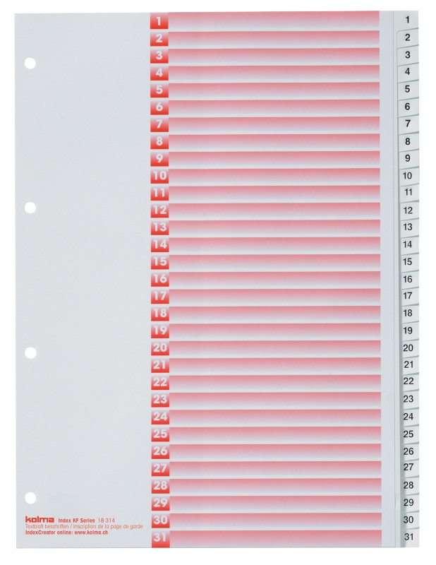 Kolma Register DIN A4 Weiß 31-teilig Perforiert Kolmaflex 1 bis 31