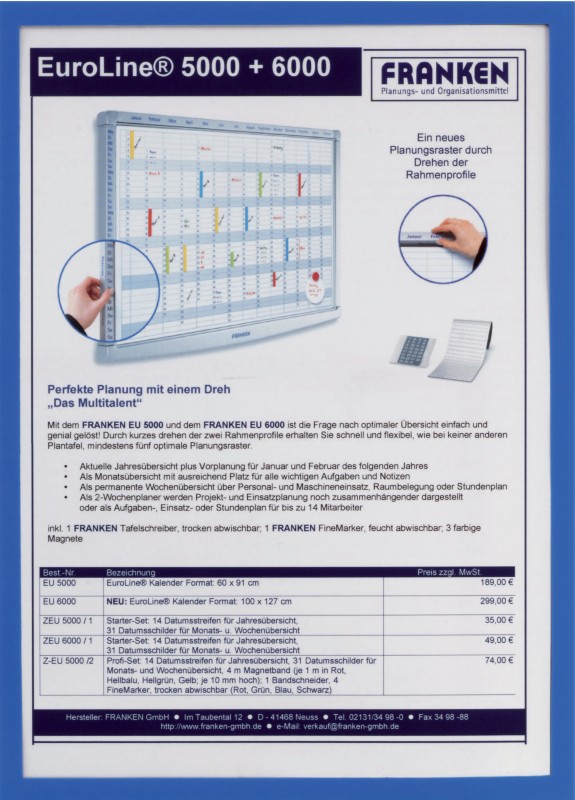 Franken X-tra!Line DIN A4 Inforahmen Magnetisch Blau Kunststoff ITSA4M/5 03 23 (B) x 31,7 (H) cm 5 Stück