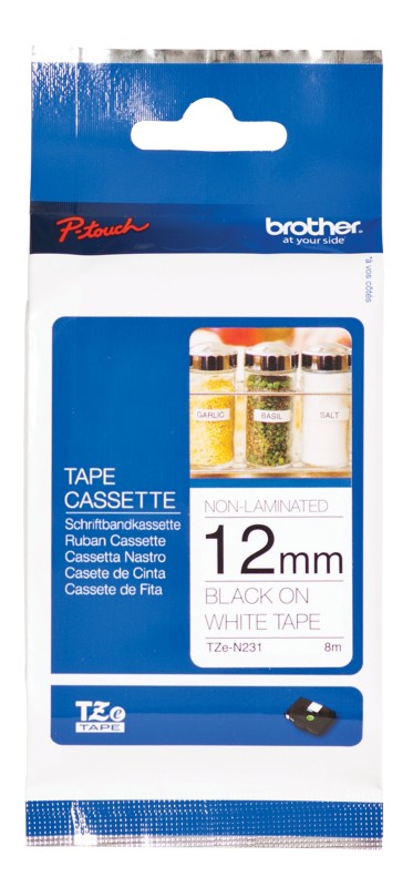 Thumbnail - Brother TZe-N231 Authentic Schriftband Selbstklebend Schwarzer Druck auf Weiß 12 mm x 8m